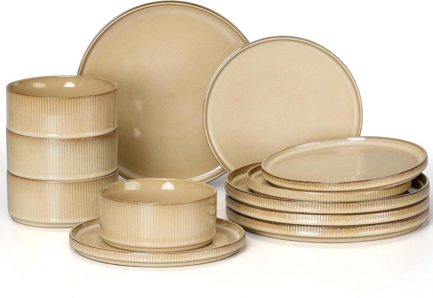 E-far 12-Piece Plates and Bowls Sets, Stoneware Dinnerware Dishes Sets for 4, Kitchen Modern Dining Dishware, Chip & Scratch Resistant, Microwave & Dishwasher Safe, Caramel Khaki