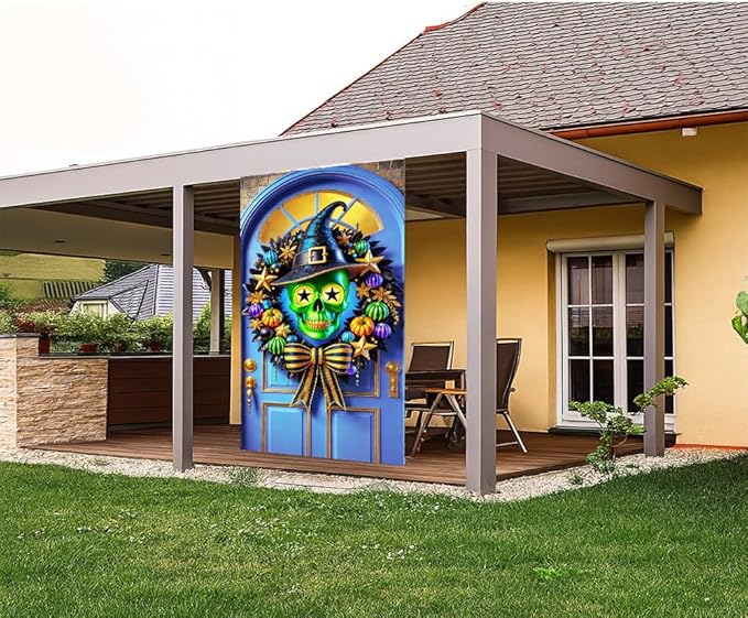 2D flat Funny Green Monster Christmas Door Banner Holiday Front Door Decorations for Indoor Outdoor Xmas Party Door Cover 71x35 Inch