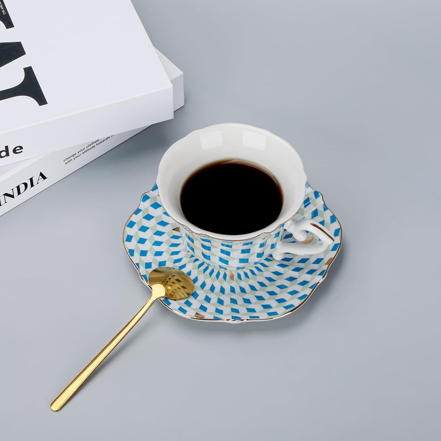 fanquare 6 oz Modern Tea Cup and Saucer Set with Spoon, Blue and White Geometric Pattern Porcelain Coffee Cup, Classic Teacup for Women Tea Party