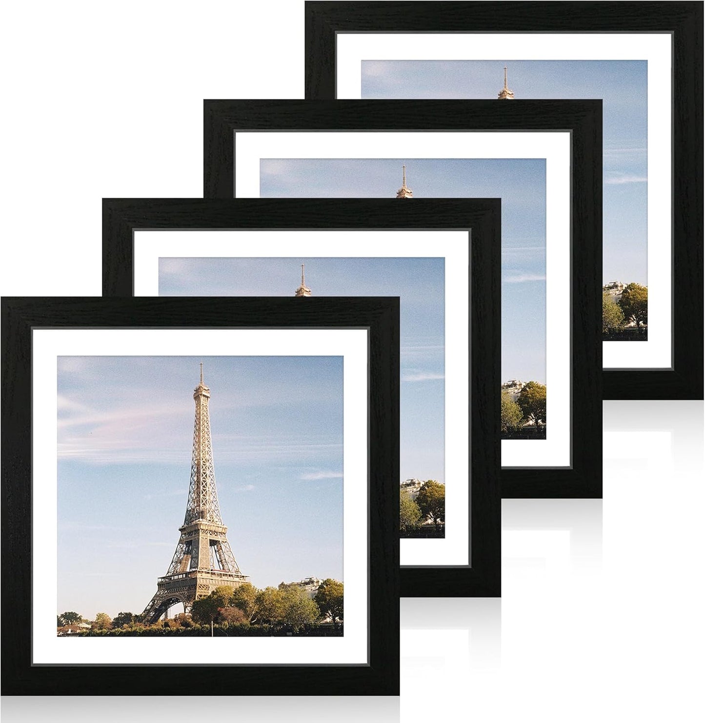 iRahmen 12x12 Picture Frame Set of 4 with Tempered Glass, Black Frame Display 10x10 Picture with Mat or 12 x 12 Without Mat, Wood Square Photo Frames for Desktop Display and Wall Mounting