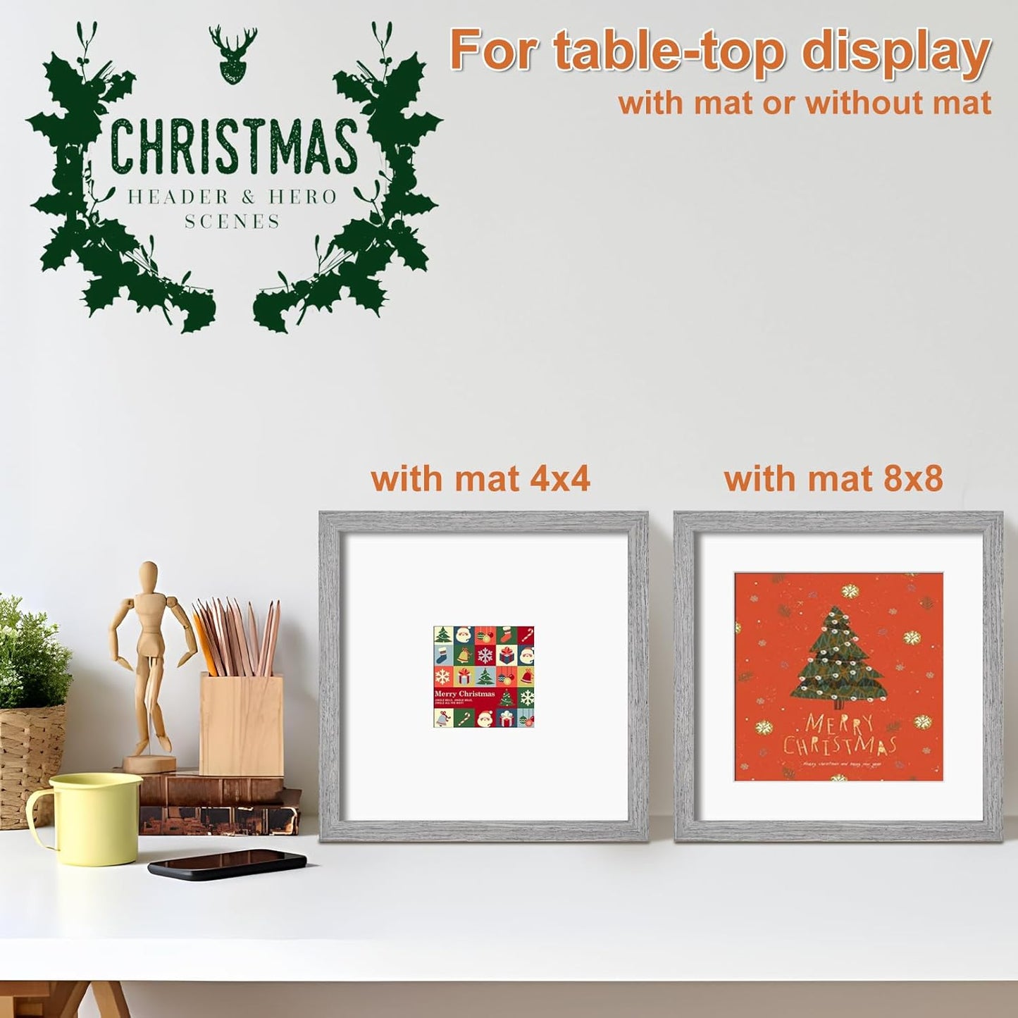 KINLINK 11x11 Picture Frame, Grey Square Solid Wood Frames for Pictures 4x4 and 8x8 with Mat or 11x11 without Mat, Wall and Tabletop Display Photo Frames Grey Wood 4 Pack