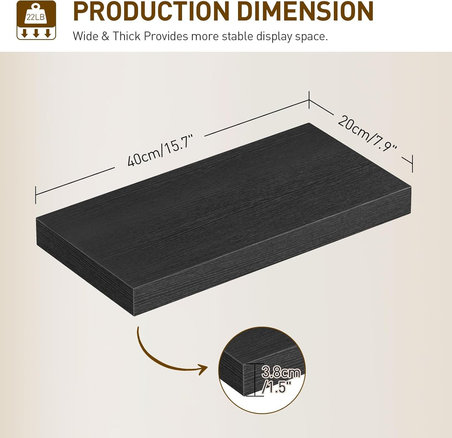 Floating Shelves for Wall, 1.5" Thick Wall Shelf Set of 3 with Invisible Brackets, 15.7L x 7.9W Hanging Book Shelves Farmhouse Home Decor for Bathroom, Living Room, Bedroom, Black 4301BJP3BK