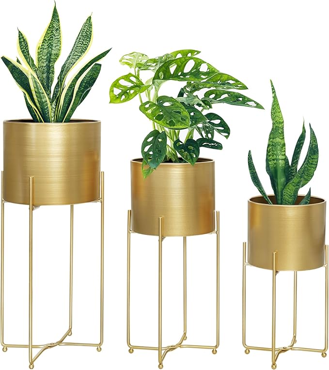 Sinolodo Gold Planters for Indoor Plants, Mid Century Floor Standing Tall Planter with Stands, 9/8/7 inch Plant Pots for Living Room Bedroom Office