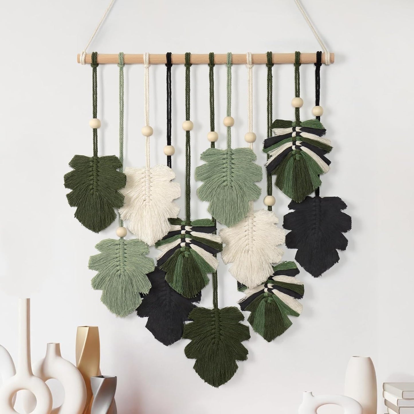 KHOYIME Macrame Wall Hanging Boho Home Decor, Bohemian Leaves Woven Yarn Tapestry Chic Aesthetic Wall Art Modern Handmade Leaf Hanging Decoration for Bedroom Living Room Nursery Office 15.7''W x 20''L