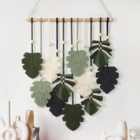 KHOYIME Macrame Wall Hanging Boho Home Decor, Bohemian Leaves Woven Yarn Tapestry Chic Aesthetic Wall Art Modern Handmade Leaf Hanging Decoration for Bedroom Living Room Nursery Office 15.7''W x 20''L