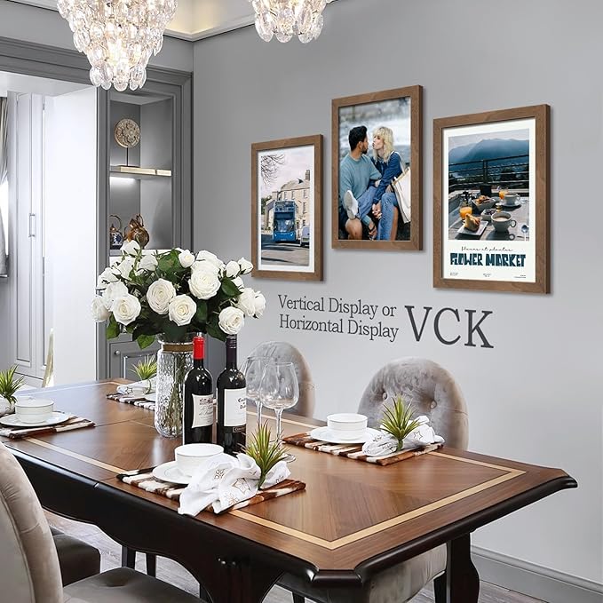 VCK 12x18 Poster Frame 3 Pack - Brown Walnut, Natural Textured Solid Wood Picture Frame, Wall Gallery Frame