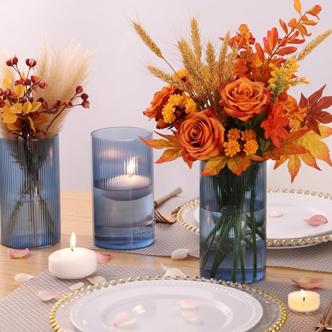 Glass Ribbed Cylinder Vase Set of 6, Bud Vase for Wedding Centerpieces, Clear Ribbed Glass Flower Vase, Hurricane Floating Candle Holder 4 Inch, Decorative Vases for Home Decor(Blue)