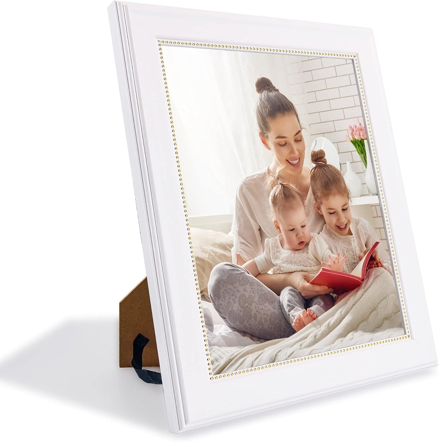 GraduationMall 8x10 Picture Frames, Real Glass, Display Photos for Wall or Tabletop, White with Gold Beads, 2-Pack