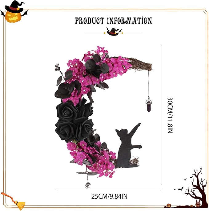 Halloween Wreaths For Front Door, Flower Moon Cat Halloween Home Decoration, Halloween Family Gathering Decoration Wreath，Outdoor, Wall, Closet, Fence, Wreath Halloween (Rose Red)