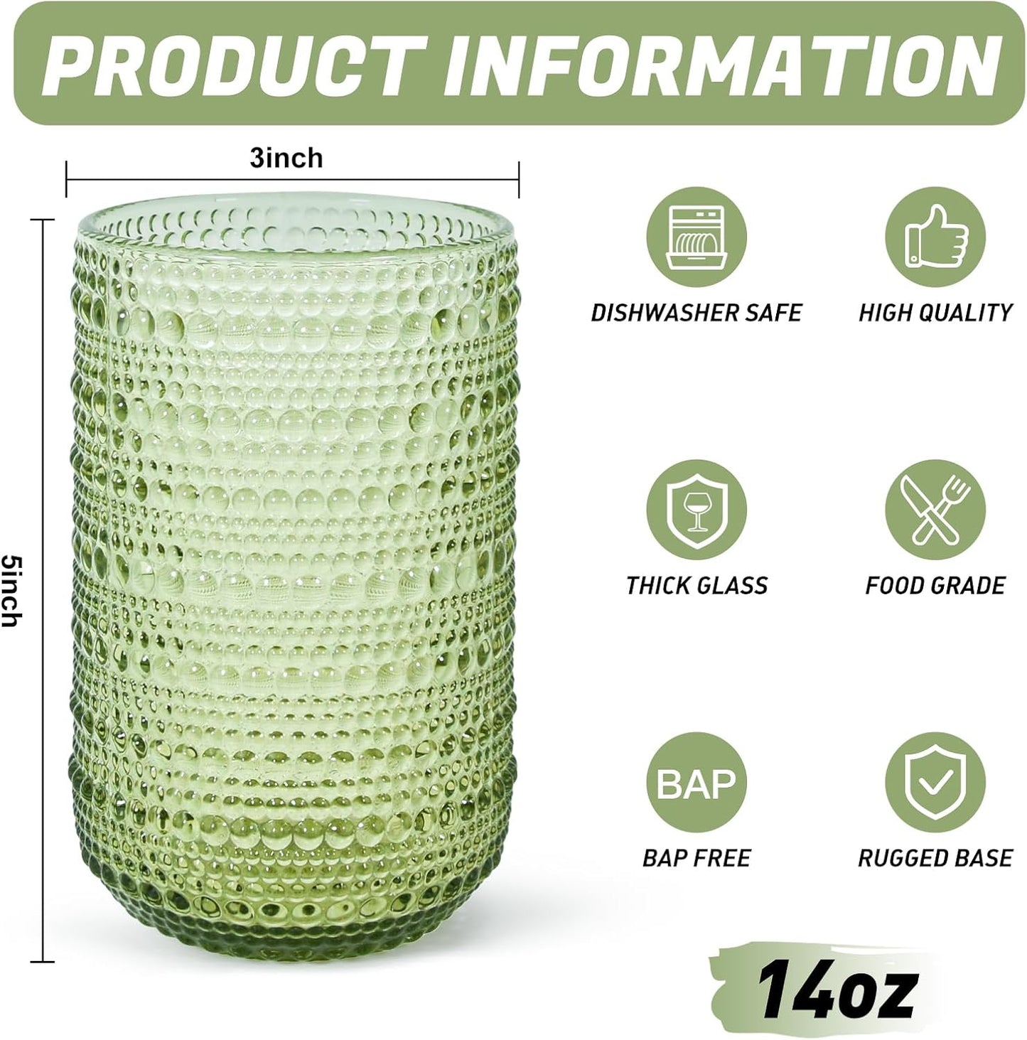 Hobnail Drinking Glasses Set of 6, 14 oz Vintage Glassware Set, Embossed Green Water Tumbler for Beer, Juice, Cocktail, Whiskey, Milk, Green