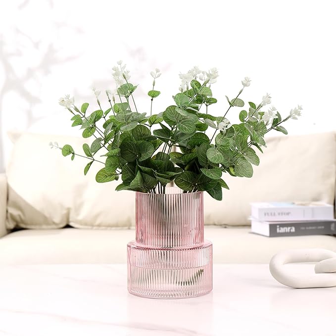 Pink Glass Vase, Ribbed Glass Vase for Tulips, Flower Vases for Bouquet, Pink Modern Vases for Living Room, Dining Table, Entryway, Mantle, Shelf, Wedding, Office, 7.5 Inches