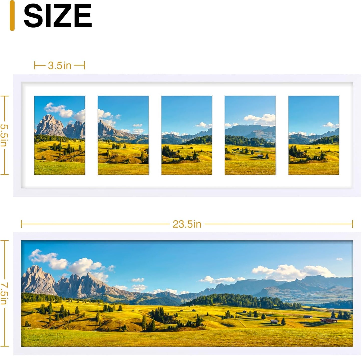 decorUhome 8x24 Picture Frames Collage Wall Decor, Display 5Pcs 4x6 Photos with Mat or 1Pcs 8x24 Unmatted, 5 4x6 Collage Picture Frames for Wall Mounting, White