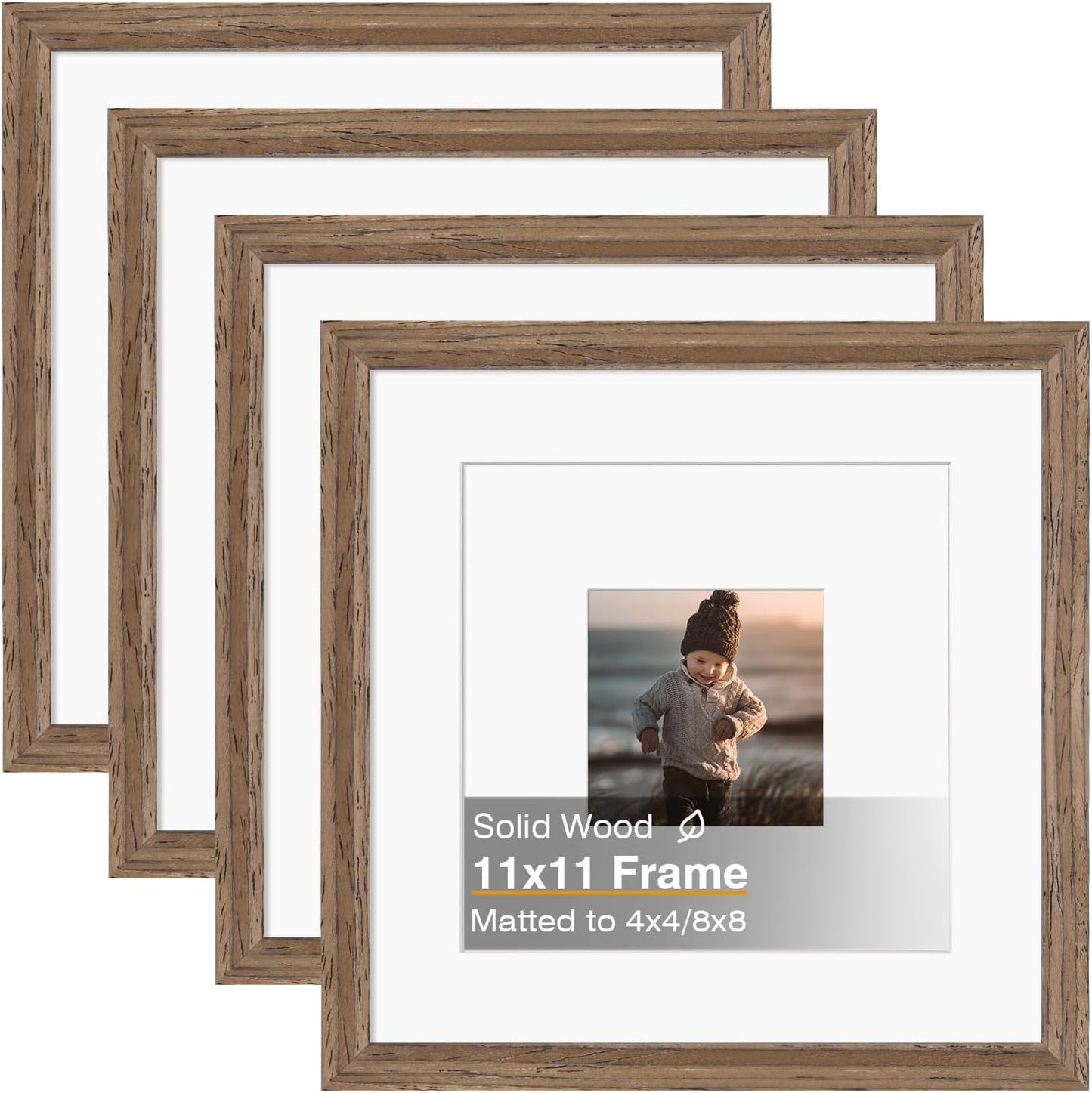 KINLINK 11x11 Picture Frame, Brown Square Solid Wood Frames for Pictures 4x4 and 8x8 with Mat or 11x11 without Mat, Wall and Tabletop Display Photo Frames Brown Wood 4 Pack