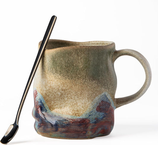 Handmade Ceramic Coffee Mugs, Mugs with Coffee Spoon, 11oz, Handmade Pottery Mug with Handle, Hand-painting, Unique Uneven Surface Tea cups, Dishwasher and Microwave Safe (White)