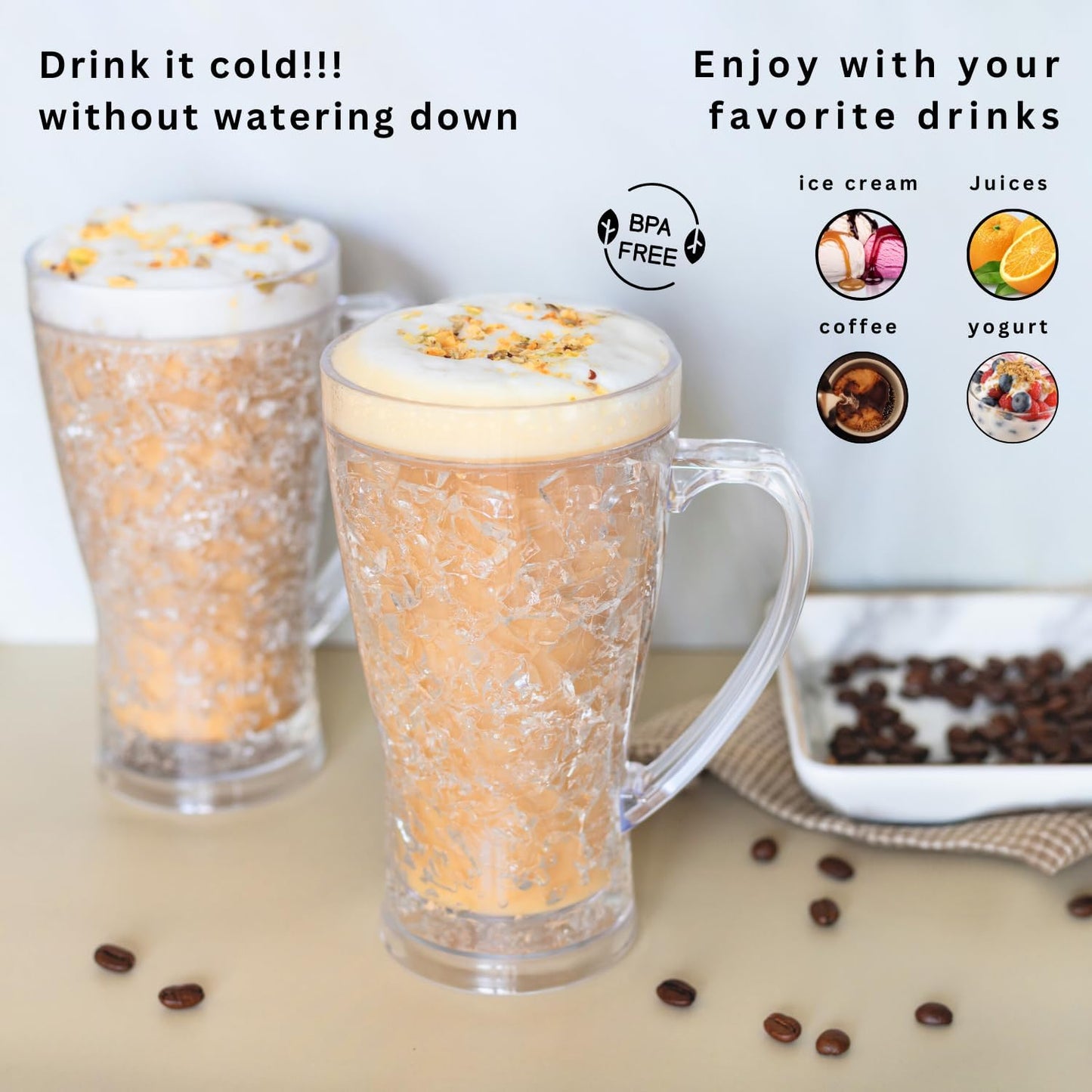 Ice Coffee Cups, Plastic Coffee Mugs, No More Diluted Drinks, Insulated Cups, Drinking Glasses, House Warming Gifts New Home, Gifts for Mom, Set of 2, 15 oz, coffee Bar Accessories, Smoothie Cup