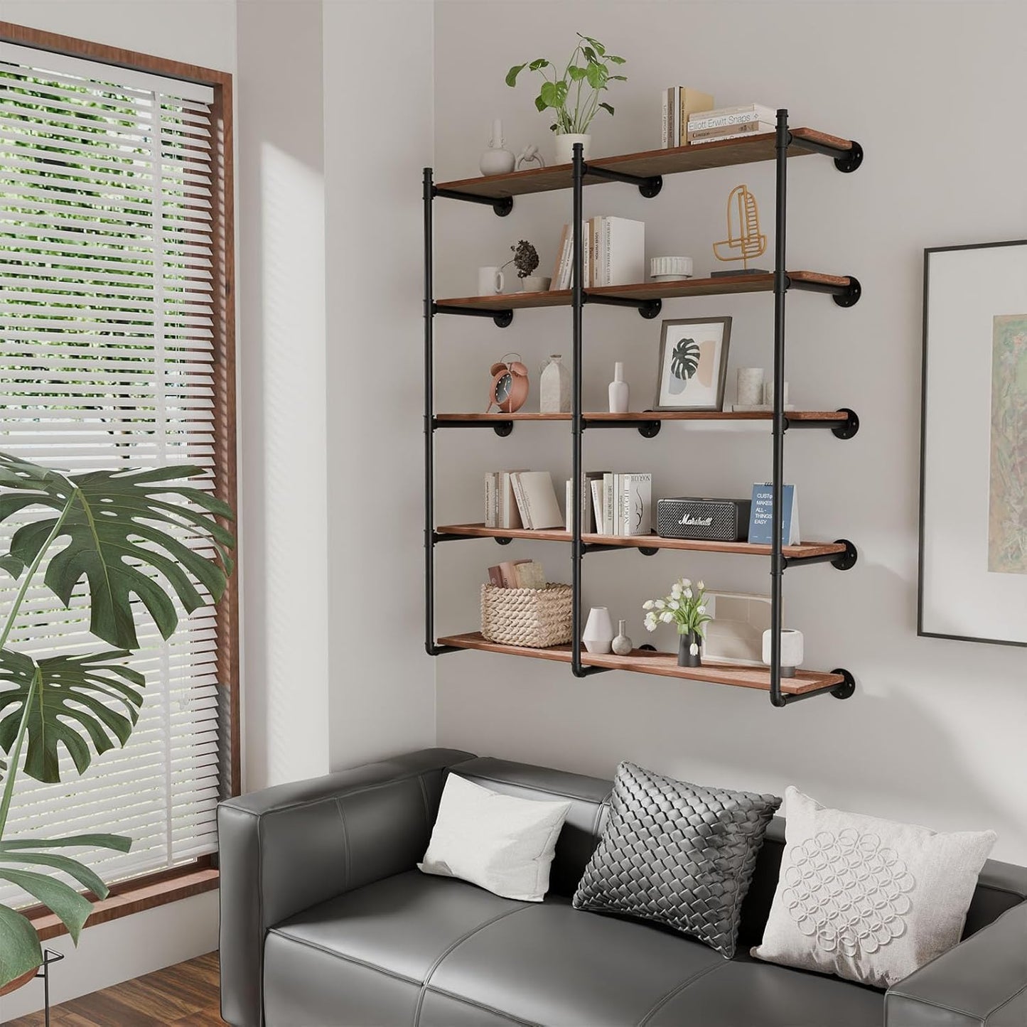 Industrial Pipe Shelf Brackets Wall Mount, Open Black Pipe Shelving for Kitchen,Floating Shelf Brackets Mount,Open Bookshelf Brackets for Shelves,Wall Shelves 12 Inch Deep,(2PcsX3Tier,61" Tall)