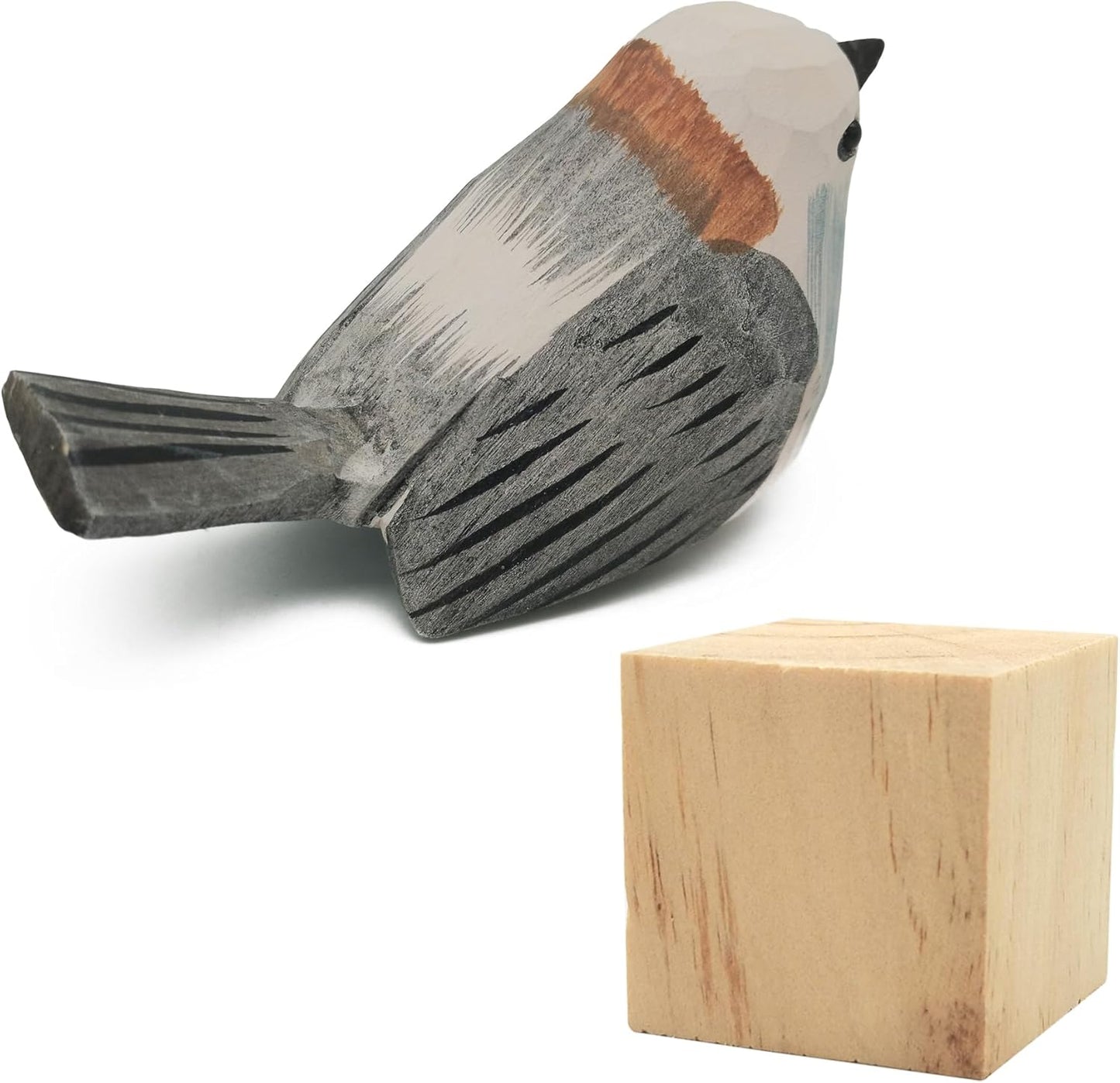 DIYOMR Hand Carved Wooden Bird Sculpture, Art Animal Statue with Wood Block, Vivid Long-tailed Tit for Gift & Home Decor