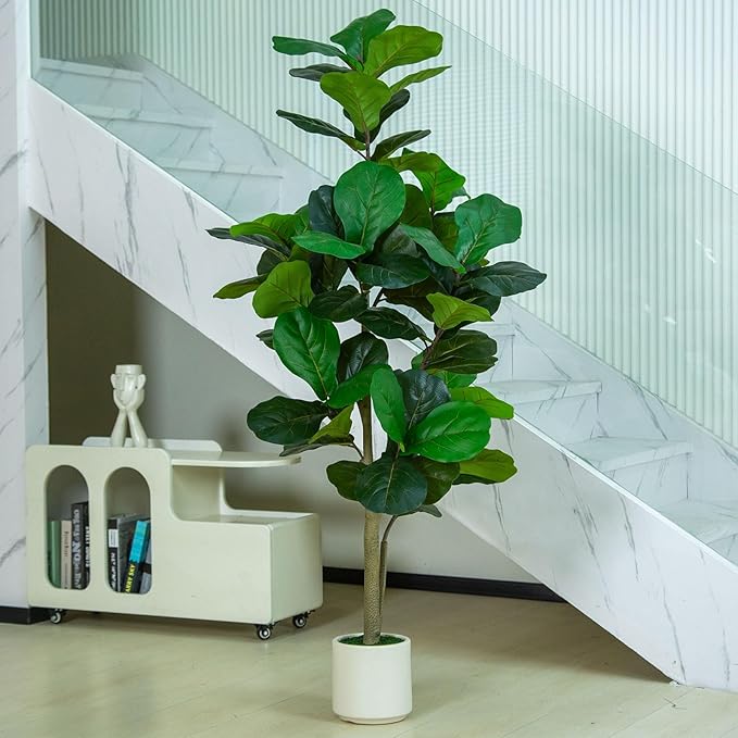 5FT Fiddle Leaf Fig Artificial Tree with White Planter Pot,Faux Floor Plant, Indoor and Outdoor Fake Plants for Home Office Decor