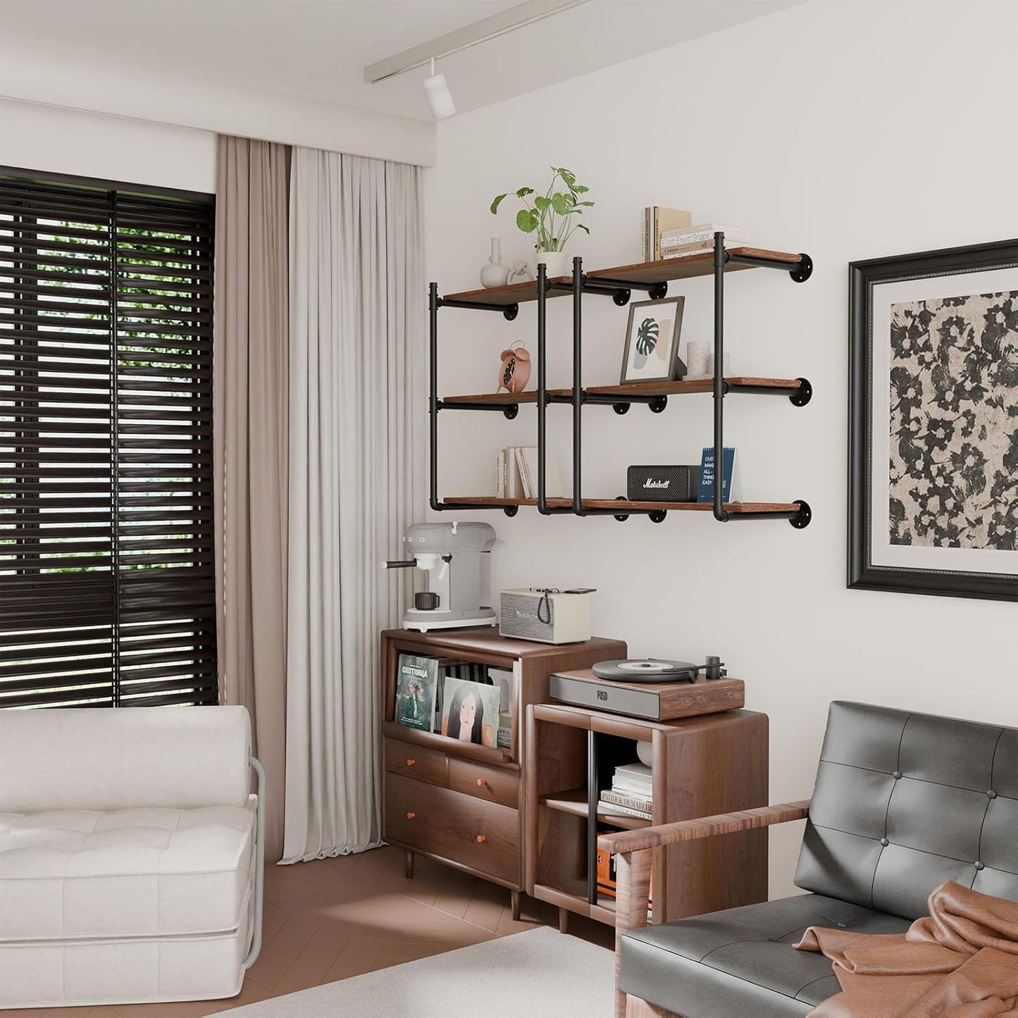 Industrial Pipe Shelf Brackets Wall Mount, Open Black Pipe Shelving for Kitchen,Floating Shelf Brackets Mount,Open Bookshelf Brackets for Shelves,Wall Shelves 12 Inch Deep,(2PcsX3Tier,32" Tall)