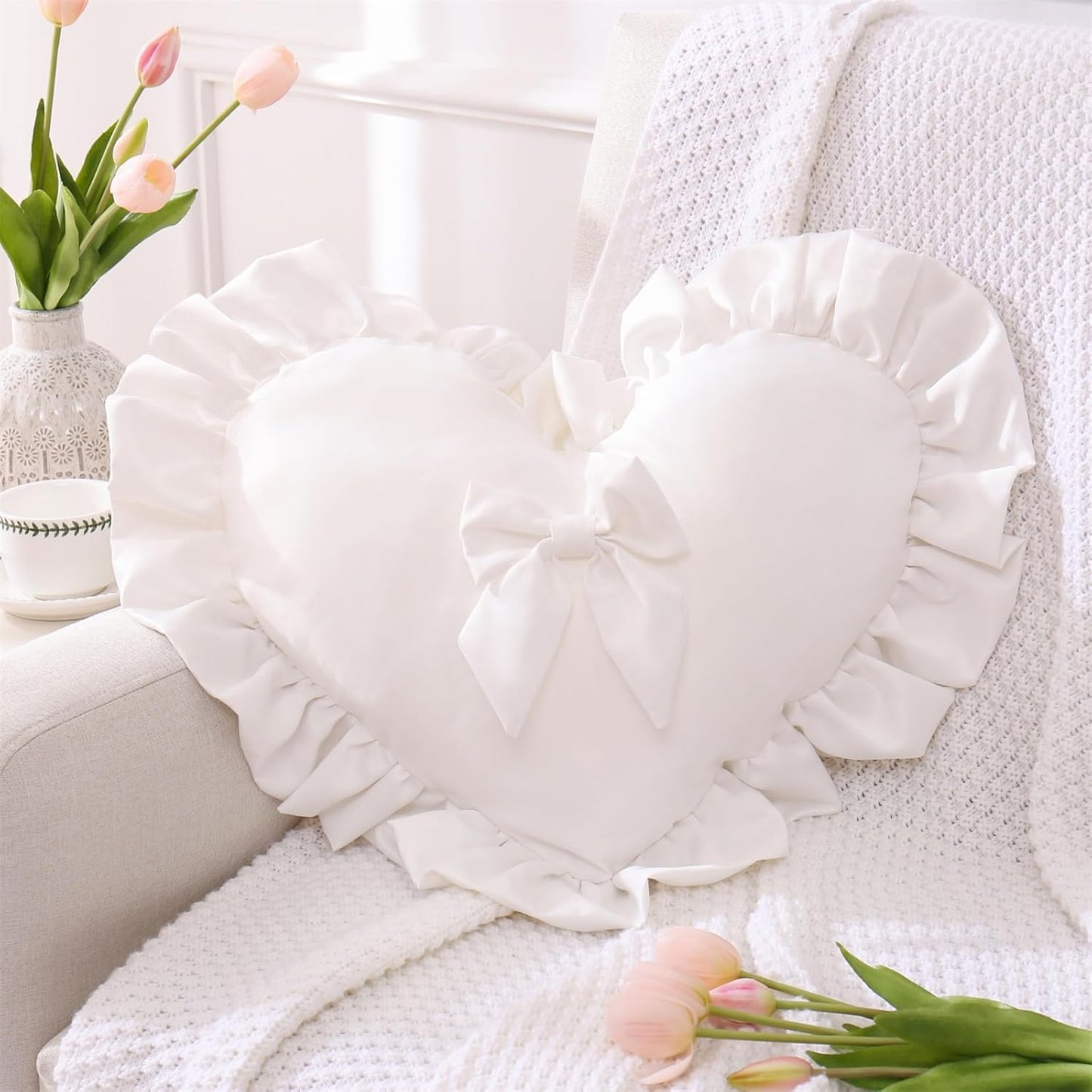 Heart Pillows, Cute Soft Room Decor Ruffled with Bow Love Heart Shape Throw Pillows Sofa Cushion Pillow for Living Room Bed Chair Car Decoration, White