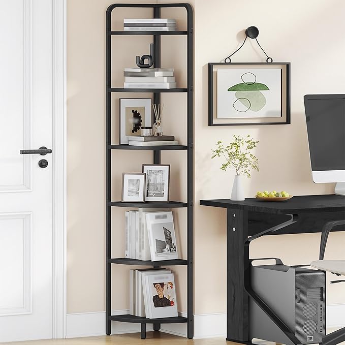Corner Shelf Stand, Corner Bookshelf, Plant Shelf, Corner Display Rack, Standing Shelf with Metal Frame for Living Room, Bathroom, Kitchen, Industrial Style, 6 Tier Black CS06604B