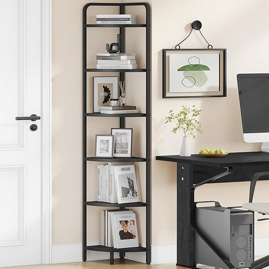 Corner Shelf Stand, Corner Bookshelf, Plant Shelf, Corner Display Rack, Standing Shelf with Metal Frame for Living Room, Bathroom, Kitchen, Industrial Style, 6 Tier Black CS06604B