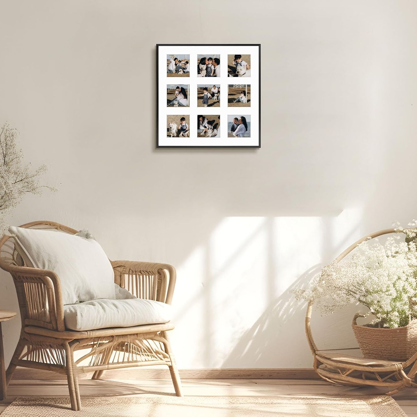 Frametory - 16x16 Aluminum Collage Picture Frame - Display 4x4 Pictures with 9 Openings Mat - Real Glass Front - Horizontal/Vertical Wall Mount - Black 1 Pack