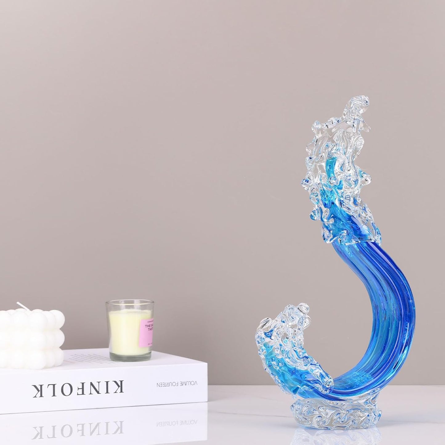 LCCCK Blue Glass Beach House Decor, Hand Blown Ocean Wave Decorate, Tall Blue Glass Sculpture Home Decor, Ocean Wave Fused Art Figurines, for Sea Art Beach Coastal Nautical Office Surfers Gifts