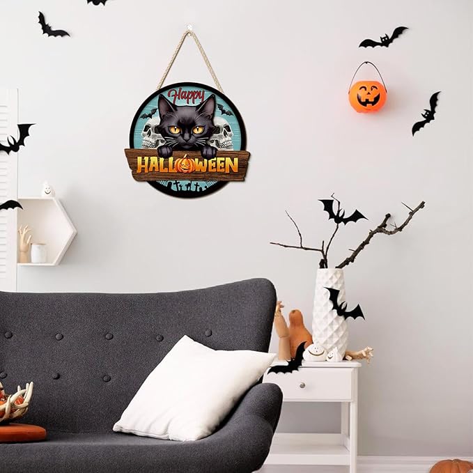 3D Happy Halloween Sign,Halloween Black Cat Door Decor,Black Cats Wall Decor,Skeleton Wall Sign,Tombstone Skull Door Hanger,Ghost Bat Pumpkin Wood Decor for Home Yard Porch Office Party Outdoor