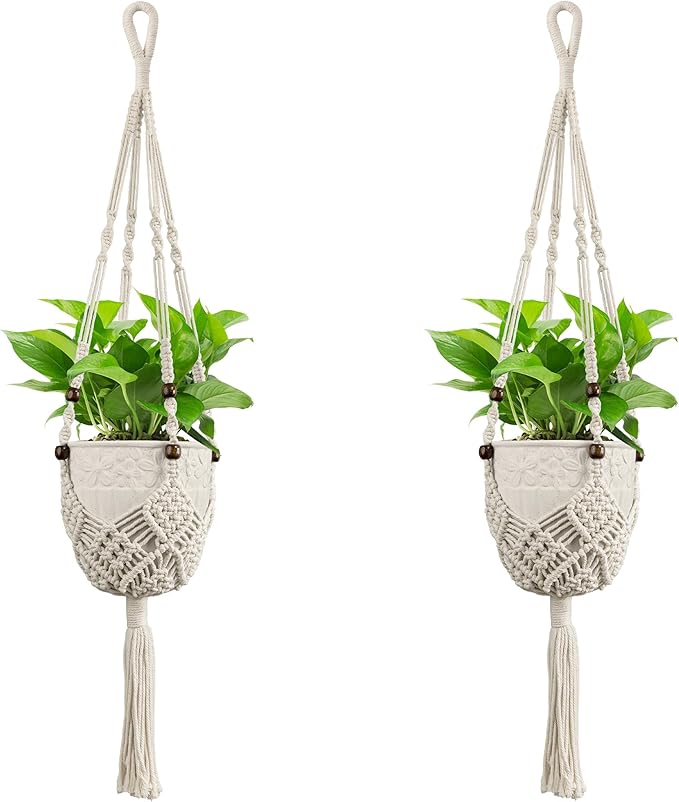USLAI Macrame Handmade Basket Plant Hanger (2-Pack), for 3-8 Inch Pots, Indoor Outdoor Strong Hanging Planter Flower Pot Holder with Beads and Tassels, Boho Home Decor (POTS NOT Included) (White)