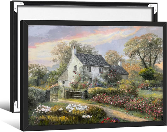 French Country Oil Painting Wall Art Farmhouse Cottage Garden Posters 12x16 inch Black Framed Classical Vintage Nature Landscape Prints for Living Room Bedroom Wall Decor