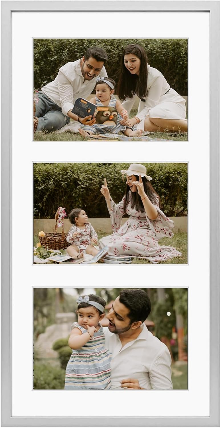 Frametory - 7x14 Aluminum Collage Picture Frame - Display 4x6 Pictures with 3 Openings Mat - Real Glass Front - Horizontal/Vertical Wall Mount - Silver 1 Pack