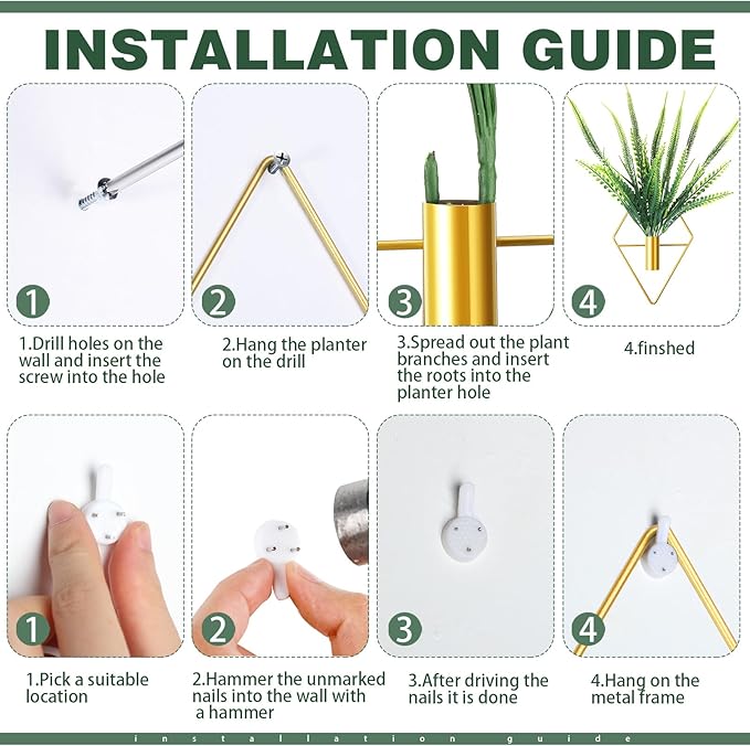 2 Pieces Gold Wall Decor Hanging Planters with Artificial Plants Metal Vase Indoor Plants Holder Modern Geometric Wall Art for Home Bathroom Bedroom Living Room Office(Boston Fern,Large)