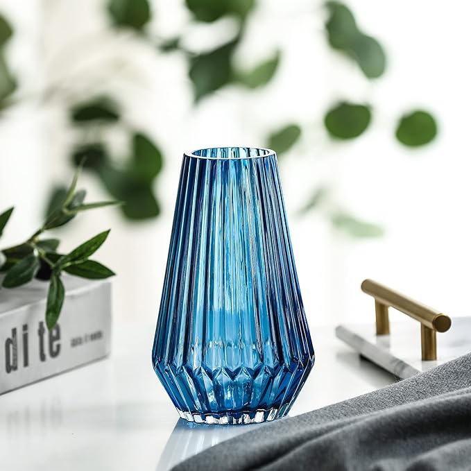 G Fusuma Blue-Rhombus Glass Flower Vase for Table Centerpiece, High-Grade Decorative Flower Vase for Bouquets,Mantel and Shelf Display, Dining Table Centerpiece, Living Room Office Decoration, 6" Tall