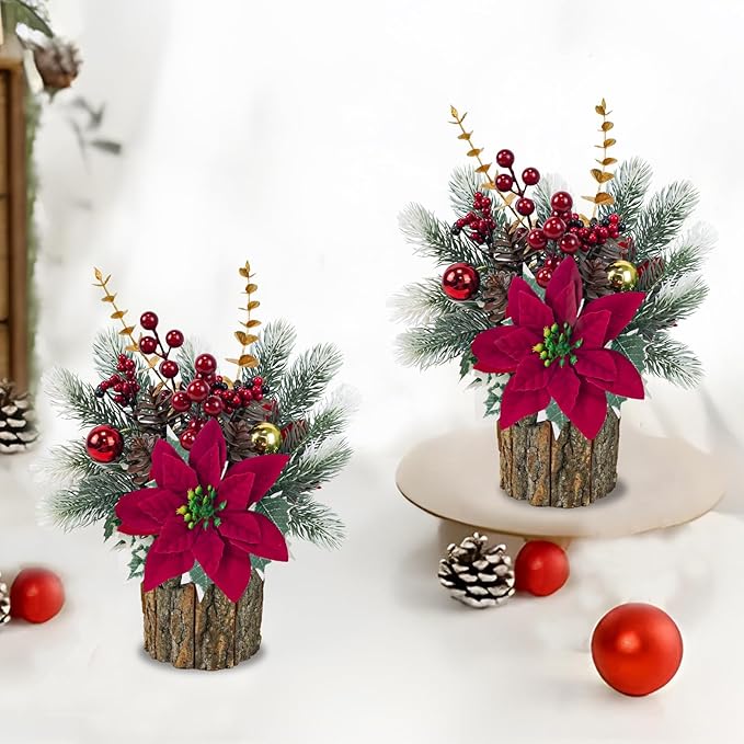TORONTOKYO Small Christmas Plants Artificial with Wooden Pot, 13inch Mini Tabletop Christmas Tree with Red Poinsettia, Berries and Pine Cones for Home Desk Office Indoor Xmas Decor