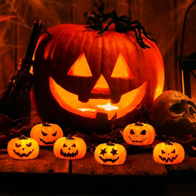 Wondise 6Pack Halloween Pumpkin Tea Lights with Remote and Timer, Battery Operated LED Orange Jack-O-Lantern Candles for Halloween Decor, Flameless Candles for Pumpkin Decorations