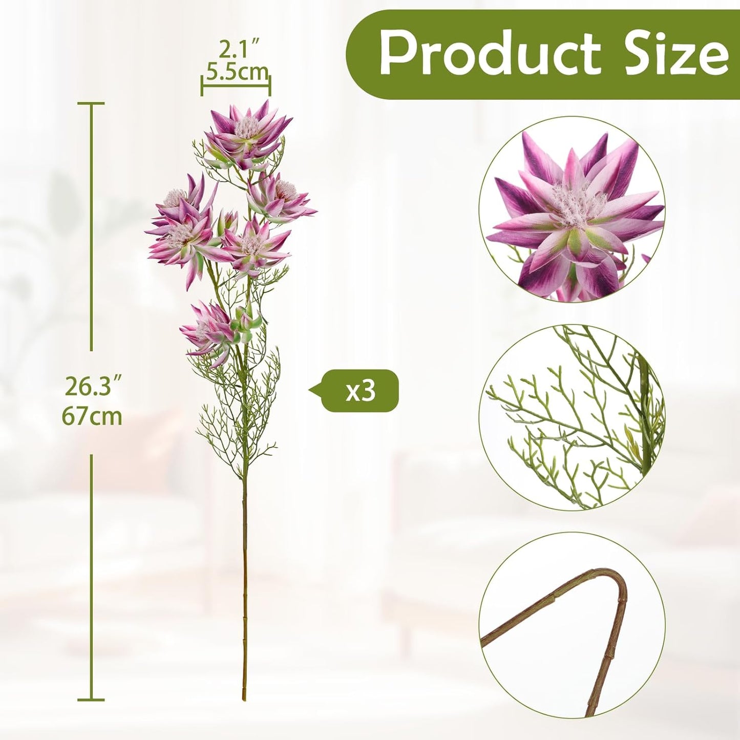 Hollyone 3Pcs Purple Artificial Flowers Silk 26.3" Fake Protea Flower with Long Stem Faux Flowers Arrangement Branch with 6 Heads for DIY Wedding Party Table Centerpiece Floral Bouquets Home Decor