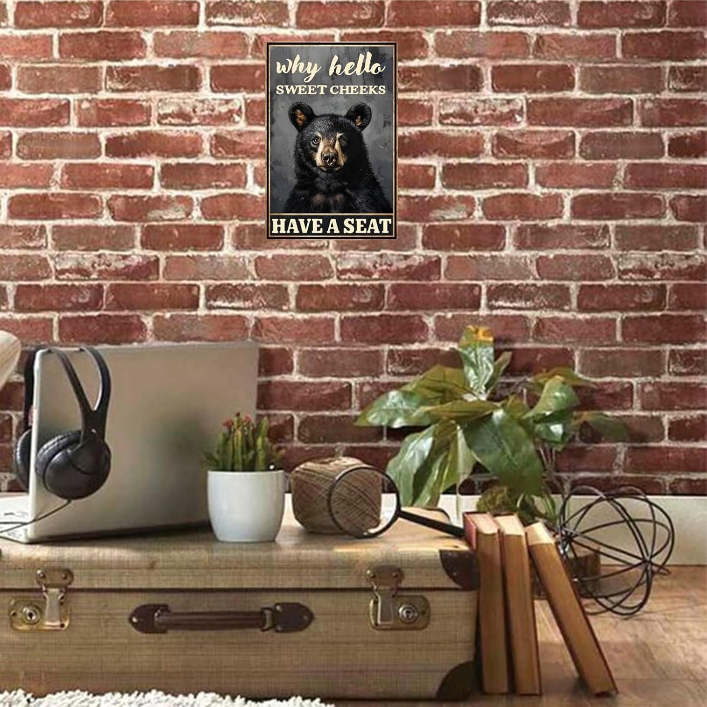 Metal Signs Why Hello Sweet Cheeks Have A Seat Black Bear Vintage Tin Sign for Home Office Kitchen Bar Cafe Garden Wall Decor 12x8 Inch