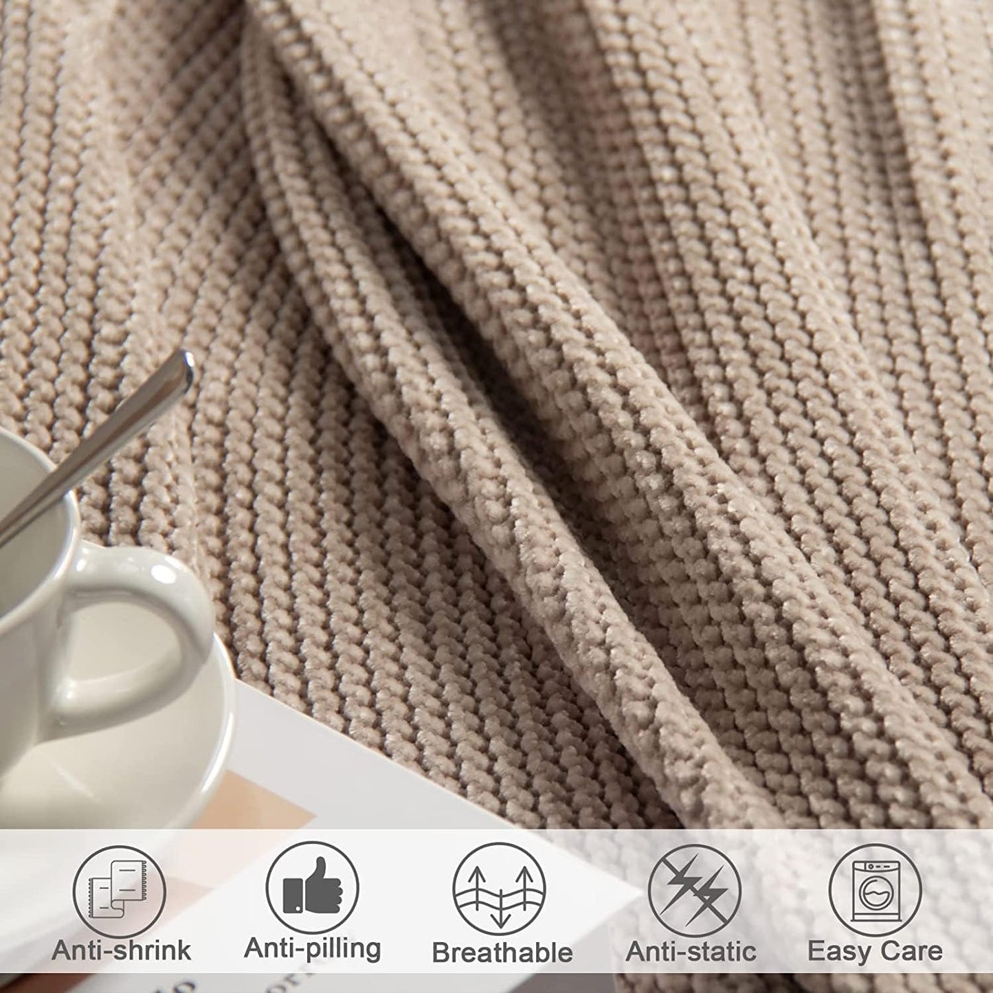 lifein Throw Blanket for Couch, Soft Boho Decor Bed Throw,Cozy Beige Knitted Chenille Small Farmhouse Lightweight Throw (Beige,60 * 80")