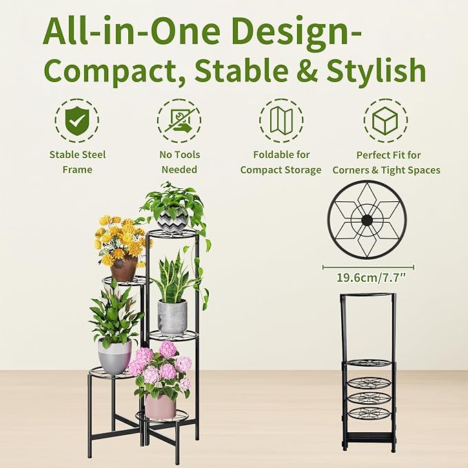 Plant Stand 5 Tier Indoor Metal Flower Shelf for Multiple Plants Corner Tall Flower Holders for Patio Garden Living Room Balcony Bedroom Black Diamond