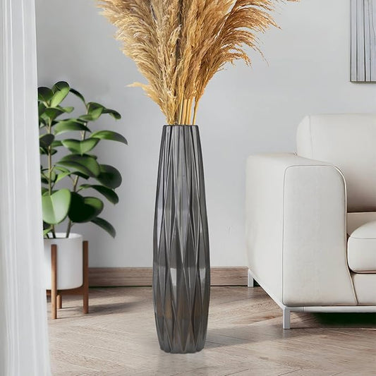 Silvery Ceramic Tall Floor Vase,28 Inch Large Modern Flower Vases for Home Décor,Wicker Big Floor Vase Decorations for Farmhouse, Living Room,Bedroom,Standing Plastic Vase Decorative Tall