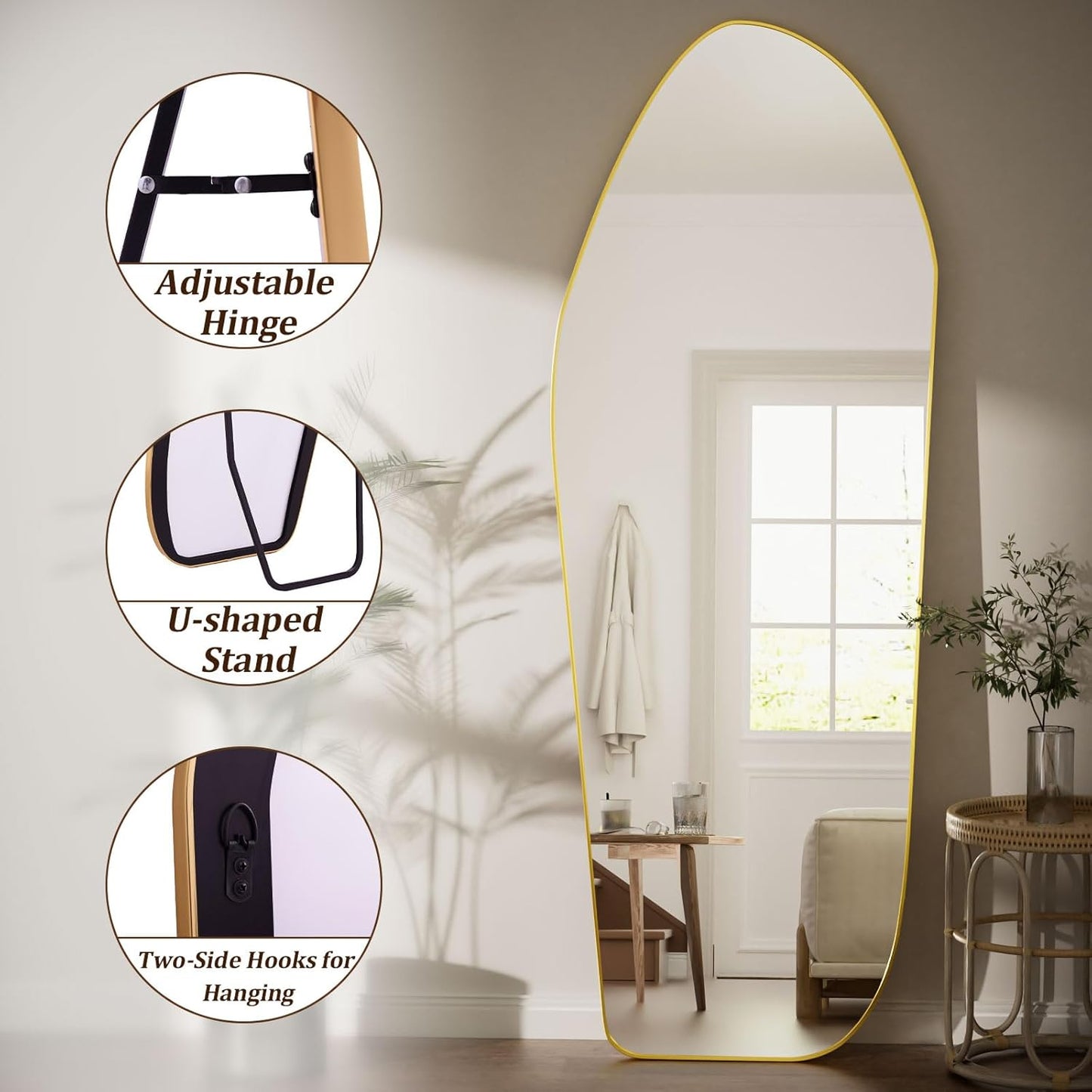 Full Length Floor Mirror - 67"x24" Aluminum Frame Irregular Diamond Shaped Standing Leaning Hanging for Bedroom Living Room Cloakroom Decor Large Mirror Gold