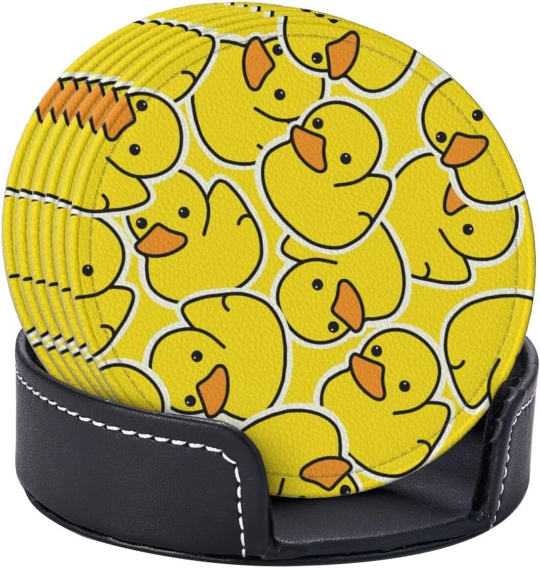 Drink Coasters with Holder Stand Set of 6 Yellow Ducks Pattern Drawing Pu Leather Absorbent Coasters with Cork Base Table Round Coaster for Housewarming Apartment Kitchen Bar Decor