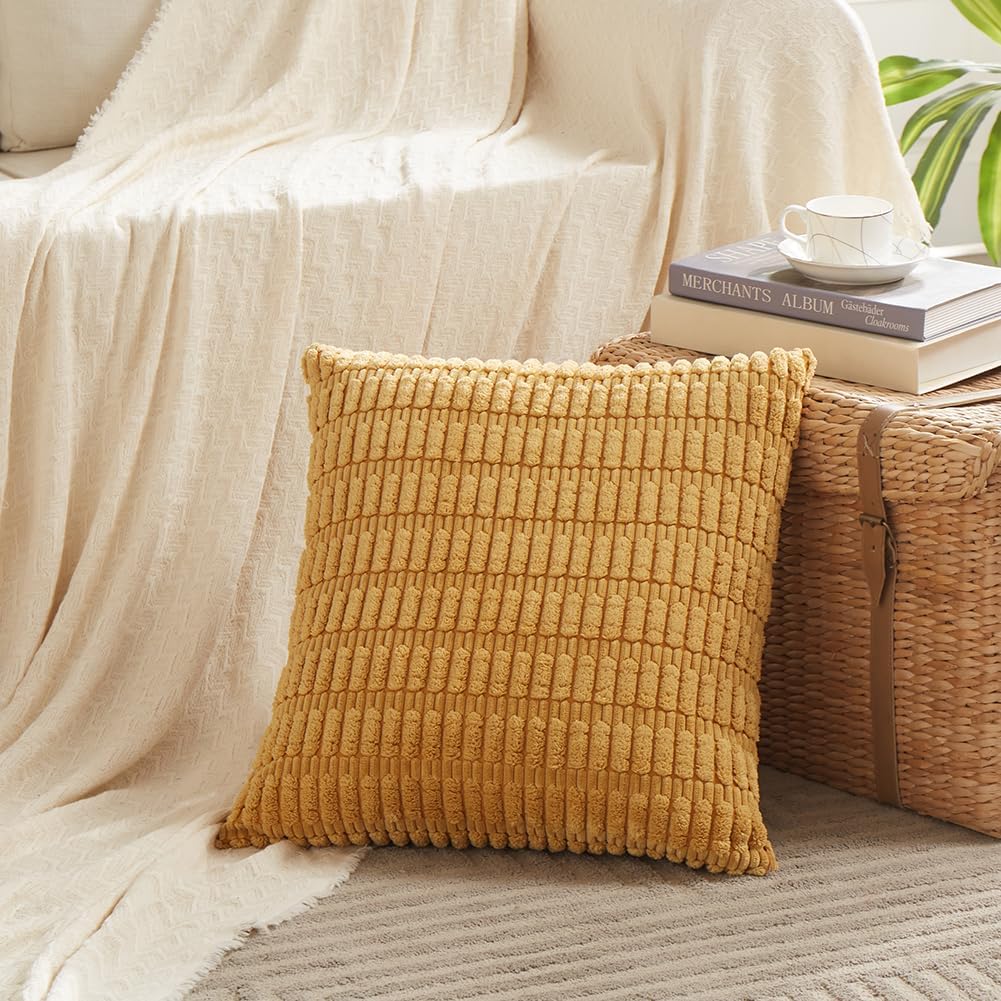 Fancy Homi 4 Packs Mustard Yellow Decorative Throw Pillow Covers 18x18 Inch for Living Room Couch Bed Sofa, Rustic Farmhouse Boho Home Decor, Soft Plush Striped Corduroy Square Cushion Case 45x45 cm