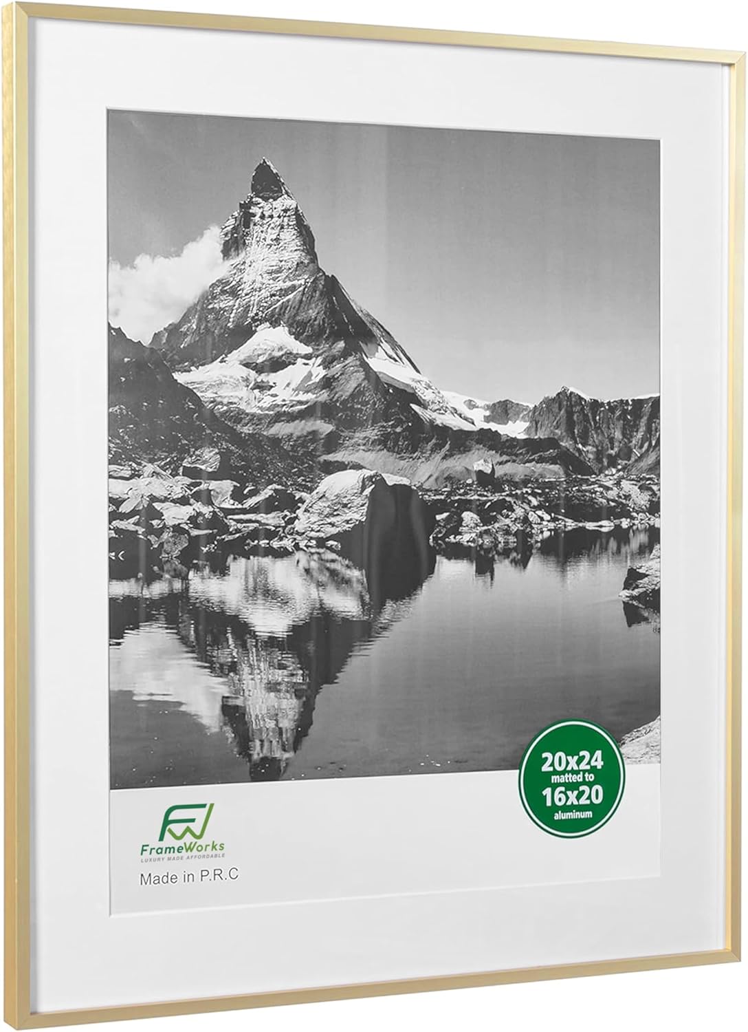 FrameWorks 20x24 Matted to 16x20 Picture Frame – Aluminum Frame w/Tempered Glass, Removable Mat for Photos, Posters, Art, Stylish Wall Frame for Home Decor, Gallery Walls, Office, Living Room - Gold