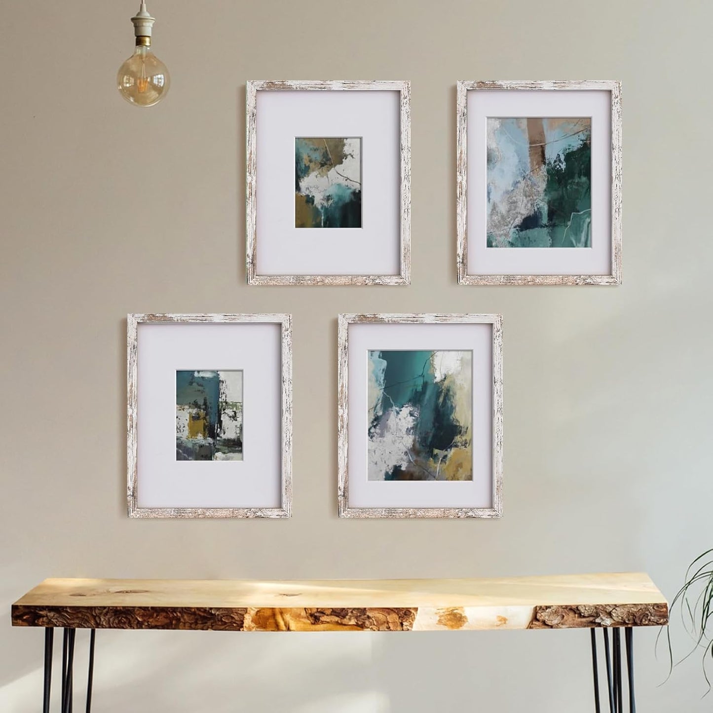 Egofine 11x14 Picture Frame Rustic White 4 Pack - Photo Frame Made of Solid Wood Covered by Plexiglass for Table Top Display Pictures 5x7/8x10 with Mat or 11x14 Without Mat - with Wall Mounting