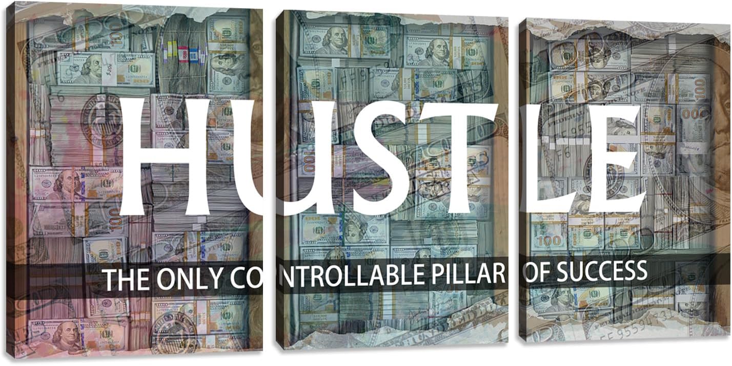 Inspirational Hustle Positive Quote Wall Art Canvas Painting Wall Art 3 Pieces Motivational Poster Office Wall Decor Poster Picture Framed Artwork Prints Art for Living Room Bedroom (48" Wx24 H)