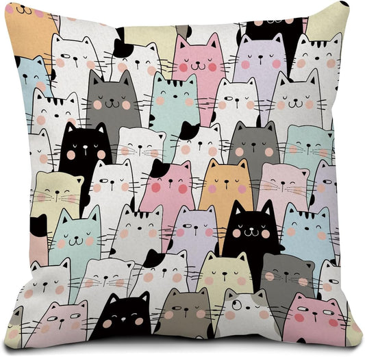 Decorative Throw Pillow Covers 18x18 Inch, Cute Home Decor for Living Room Outdoor Funny Pillowcase Polyester Cushion Case Cat Faces