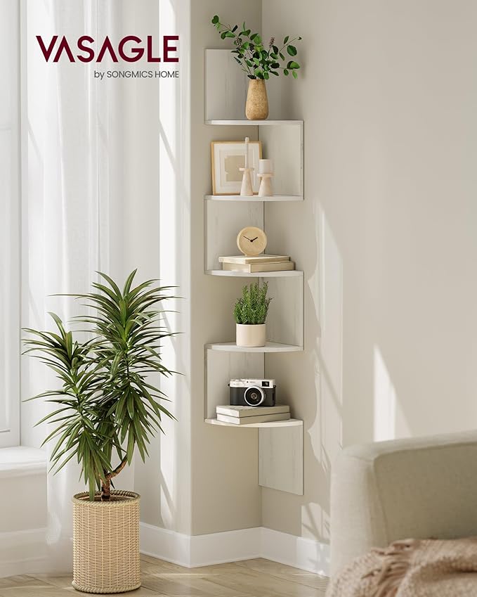 VASAGLE Corner Shelf Wall Mount, 5-Tier Floating Corner Bookshelf, Plant Shelf for Bedroom, Living Room, Bathroom, Home Office, Rustic White