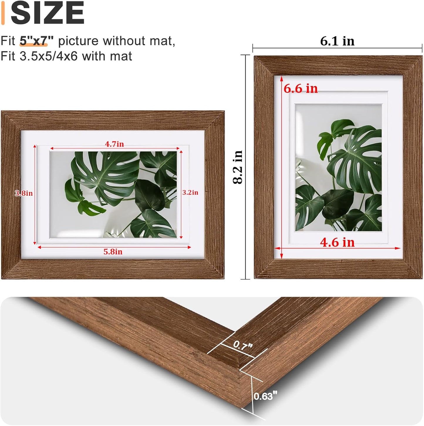 Egofine 5x7 Picture Frames Set of 4, Made of Solid Wood Covered by Plexiglass 3.5x5 and 4x6 with Mat or 5x7 without Mat, for Table Top Display and Wall Mounting Photo Frame,Walnut Brown